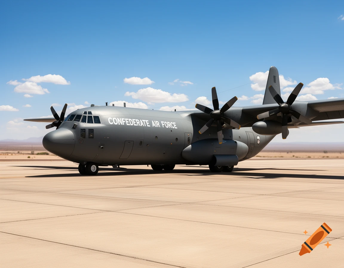 A gray C-130 military transport aircraft with "CONFEDERATE AIR FORCE" written on its side, parked on an airfield under a blue sky with scattered clouds.