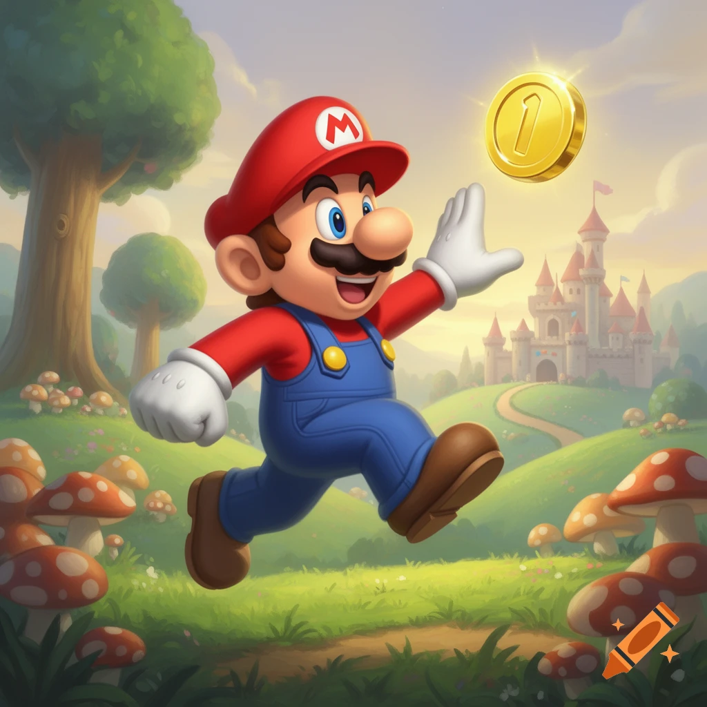 Mario runs through a vibrant fantasy landscape with a distant castle and mushrooms, reaching for a glowing gold coin.