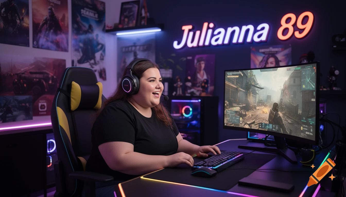 A smiling woman in a gaming chair plays a video game on a curved monitor, with a "Julianna 89" neon sign and RGB lighting in a dark room.