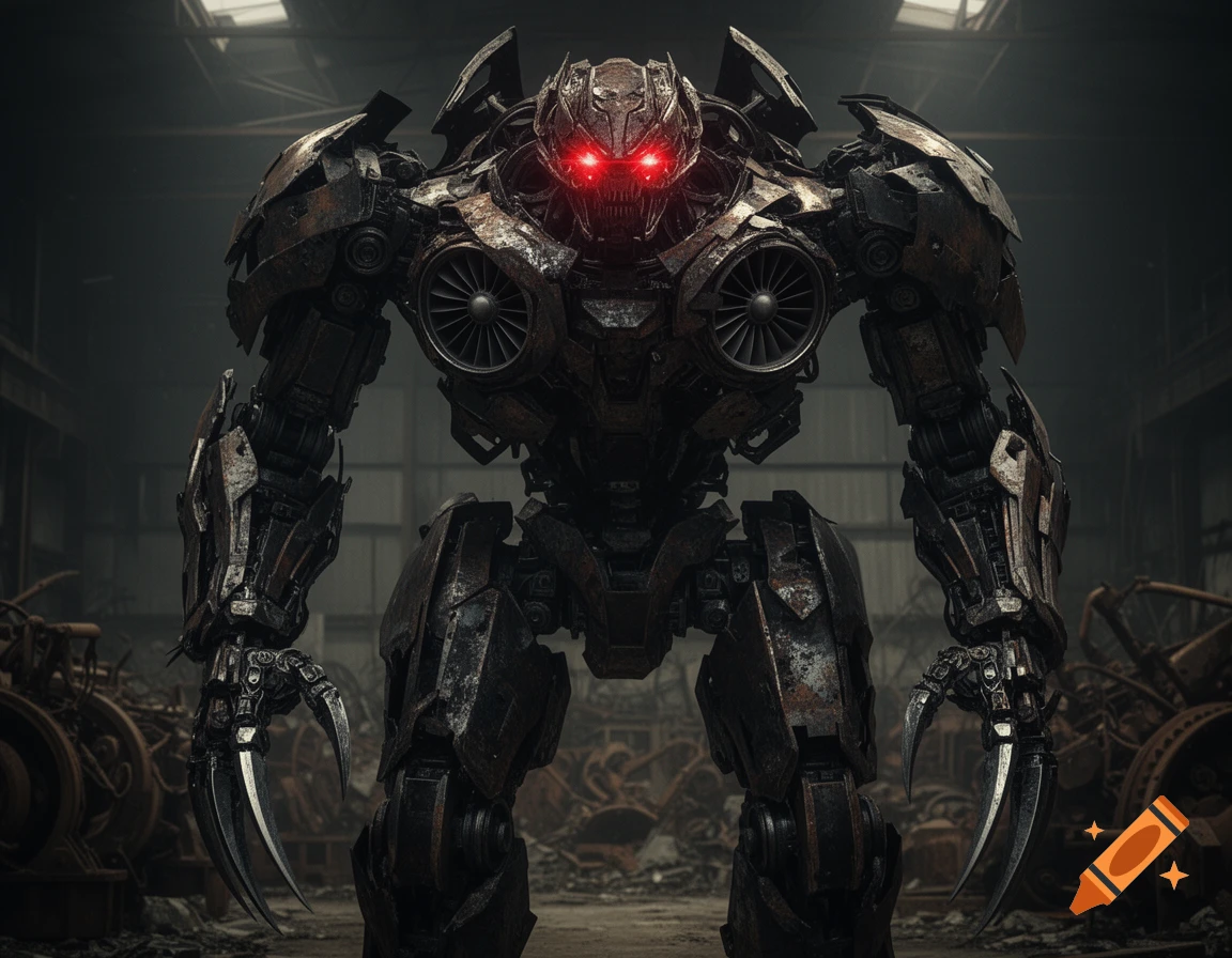 A menacing, dark metal robot with glowing red eyes and sharp claws, made of scrap and jet engine parts, in an industrial setting.