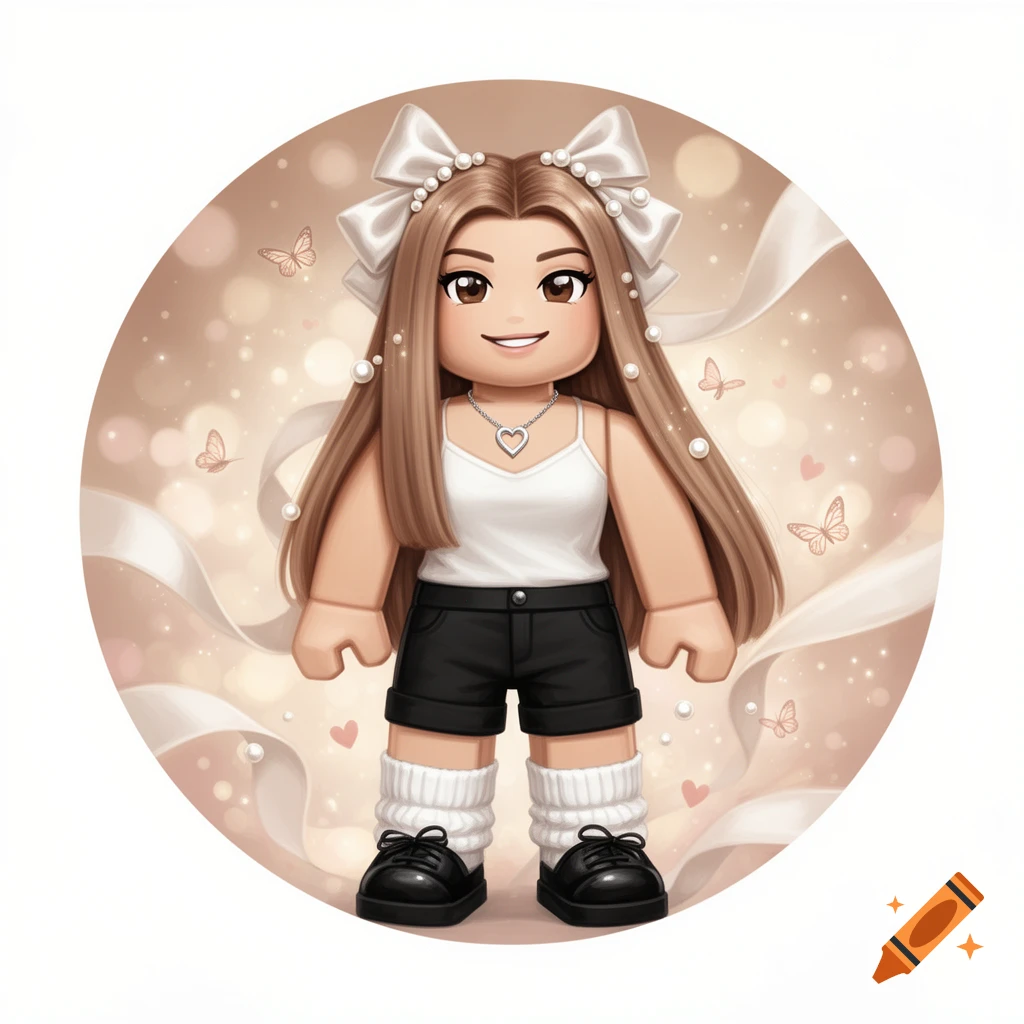 A smiling Roblox-style female avatar with long light brown hair adorned with white bows and pearls, wearing a white camisole, black shorts, white leg warmers, and black shoes, with a silver heart necklace, against a dreamy background with bokeh lights, butterflies, and ribbons.