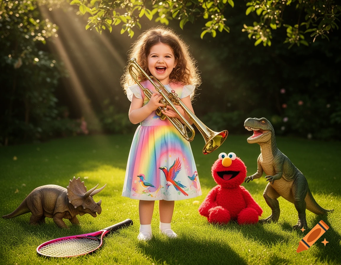A happy young girl in a rainbow dress holds a trumpet in a sunny garden with dinosaur toys, an Elmo plush, and a tennis racket.