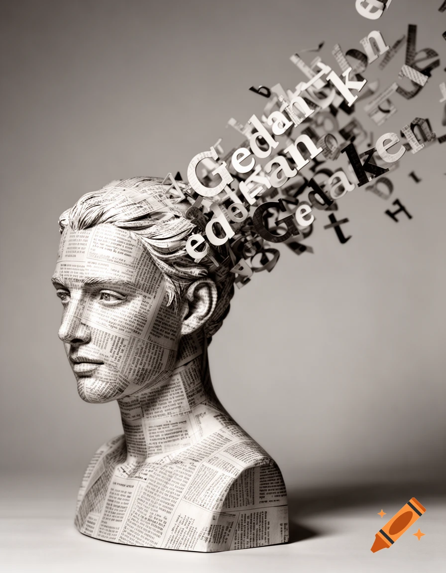 Monochrome bust of a person made of newspaper with 'Gedanken' and other letters falling from the head.