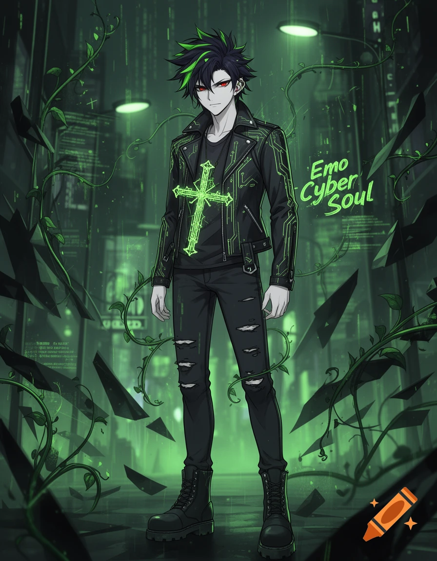 Anime male character in a black cyber-emo outfit with green accents, red eyes, and spiky hair, standing in a dark, green-lit futuristic street.