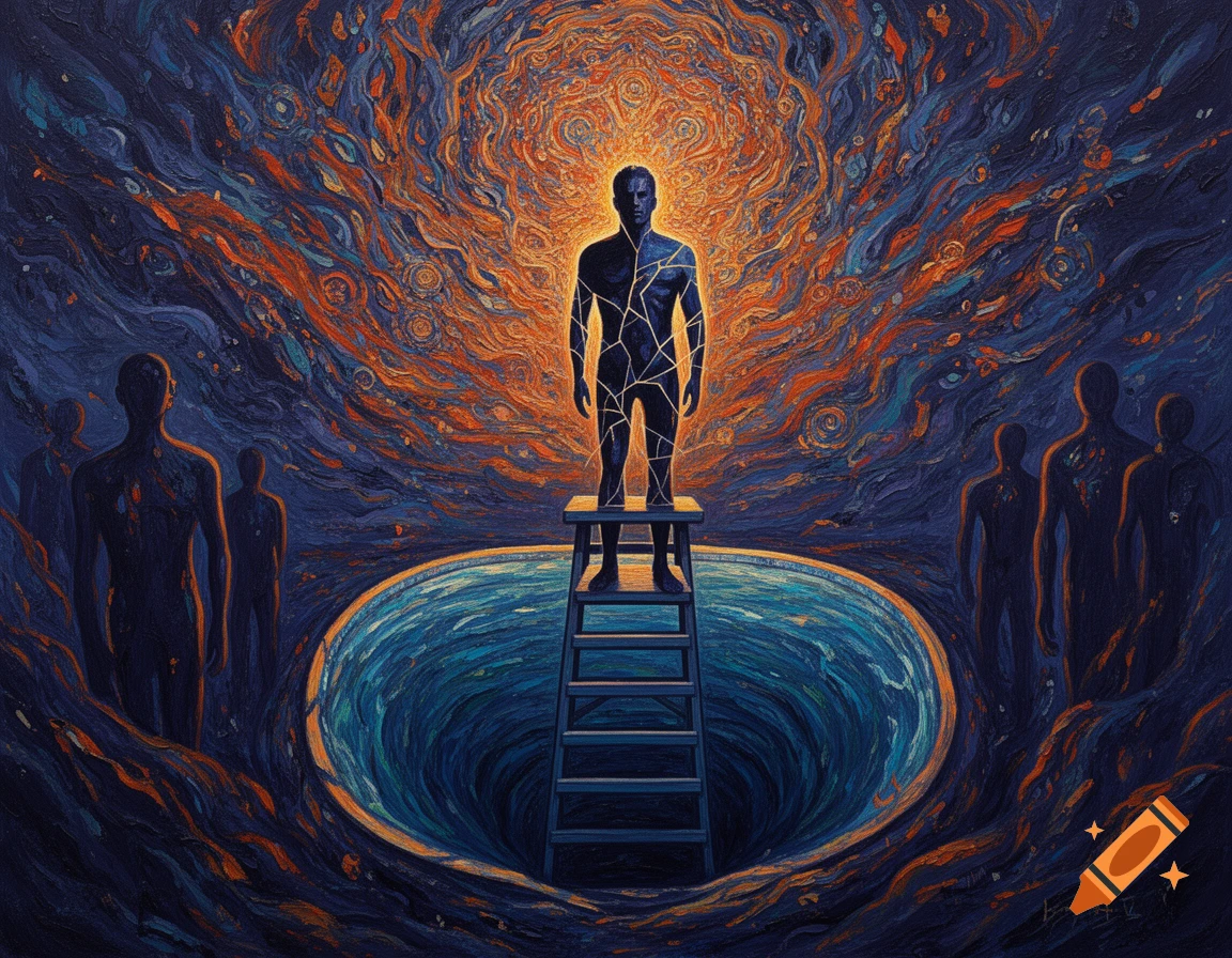 An abstract, expressionistic acrylic painting shows a cracked figure on a ladder over an abyss, surrounded by shadowy figures under swirling orange and blue skies.