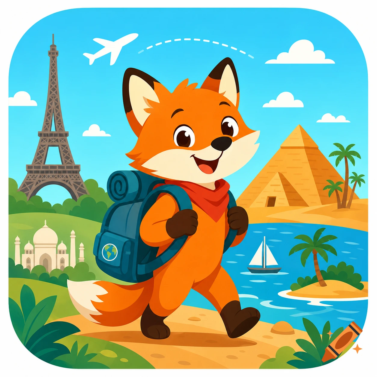 A cheerful cartoon fox with a backpack travels past the Eiffel Tower, Taj Mahal, and a pyramid under a blue sky.