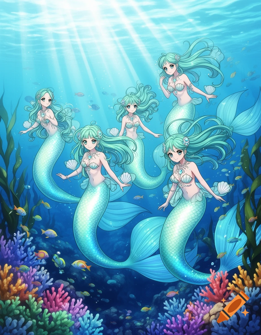Five anime mermaids with turquoise hair and tails swim among colorful coral and fish in clear blue ocean water, sunlight streaming down.