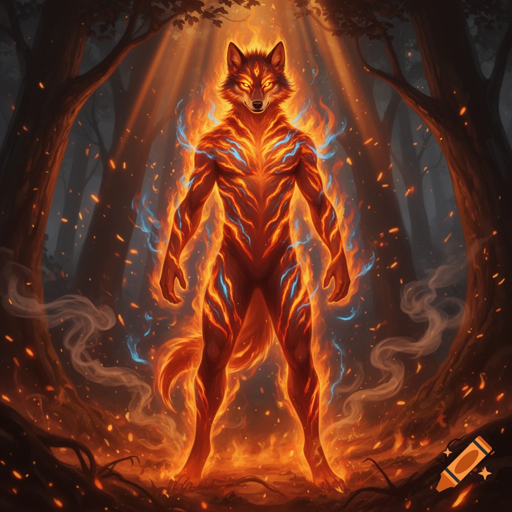 A bipedal, flaming wolf creature with glowing eyes stands in a dark forest, surrounded by fire and smoke, in a digital art style.