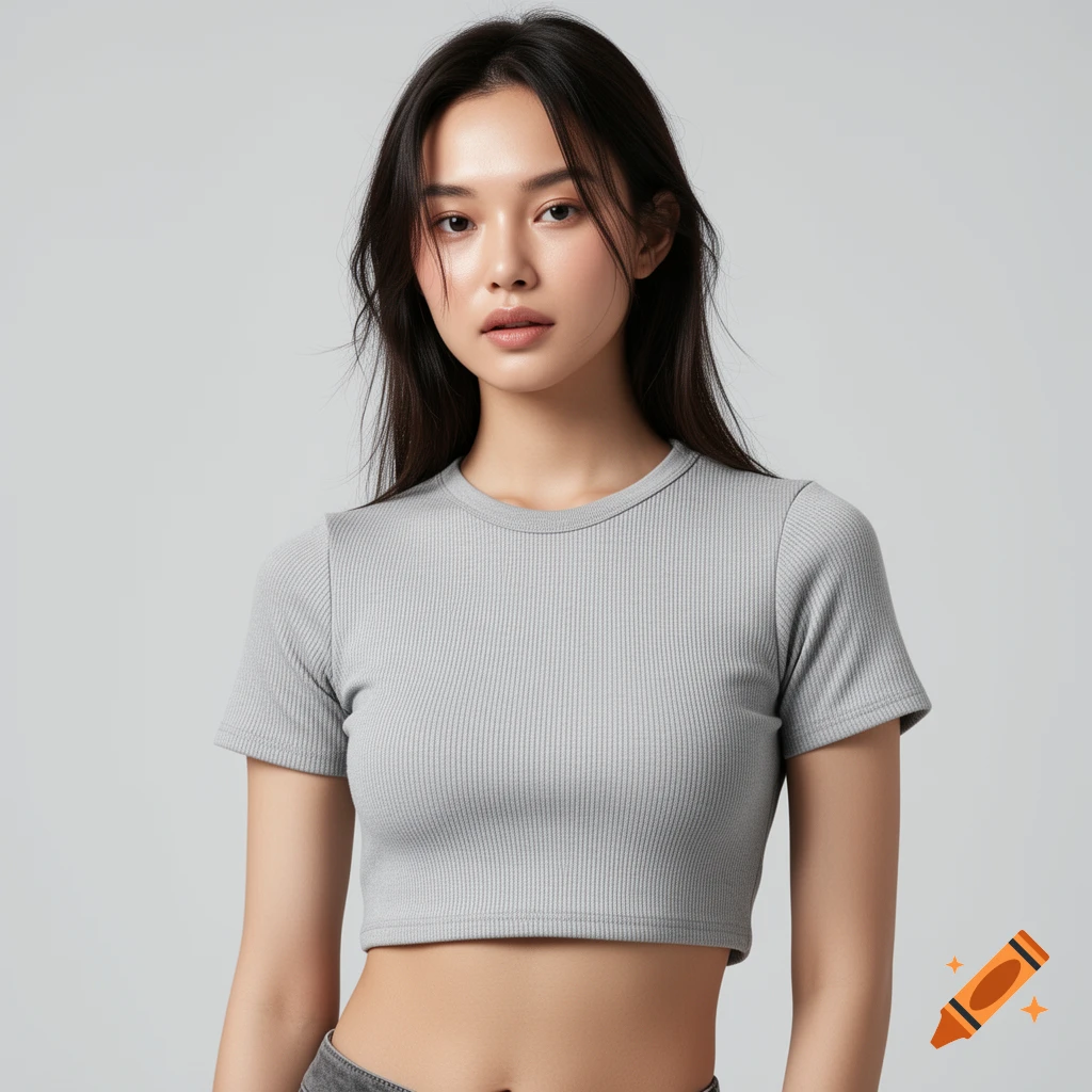 A young woman with long dark hair wearing a light grey ribbed crop top, looking at the camera against a plain background.