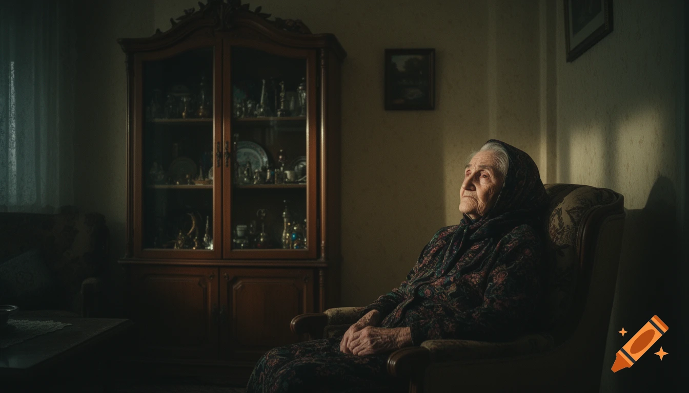 An old woman with a headscarf sits in an armchair in a dimly lit, vintage living room, looking contemplatively into a sunbeam.