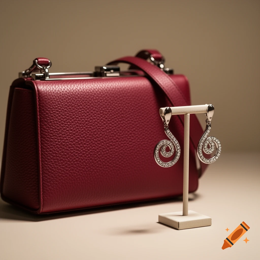 Red leather handbag with silver hardware next to silver spiral diamond earrings on a beige display stand.