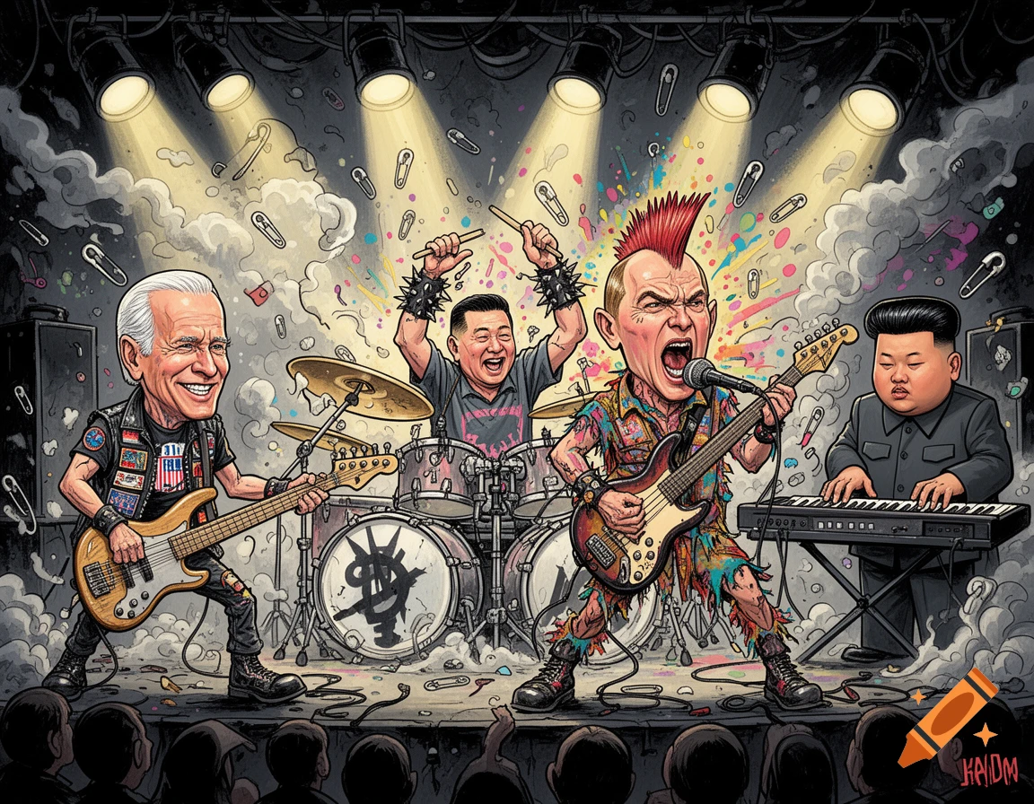 Caricatures of political leaders, including Joe Biden on bass and Kim Jong Un on keyboard, perform as a punk rock band on a smoky stage, in a vibrant comic book style.
