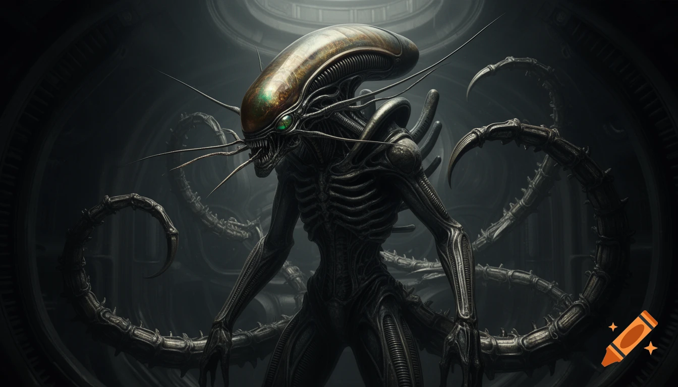 A terrifying, hyper-realistic sci-fi creature resembling a Xenomorph with a sleek head, glowing green eyes, and multiple scorpion-like tails, in a dark biomechanical setting.