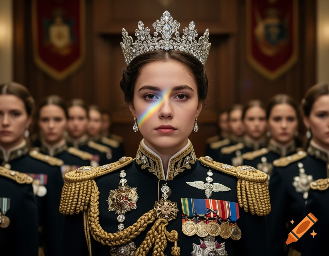 A young queen in a detailed military uniform with gold epaulettes and medals, wearing a diamond crown, with a rainbow light on her face. Guards in uniform stand in the blurred background.