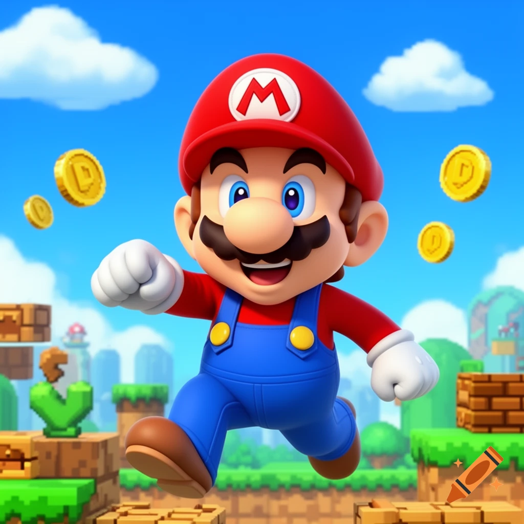 A stylized cartoon image of Super Mario running, smiling, in a vibrant video game level with floating gold coins and block platforms under a bright blue sky.