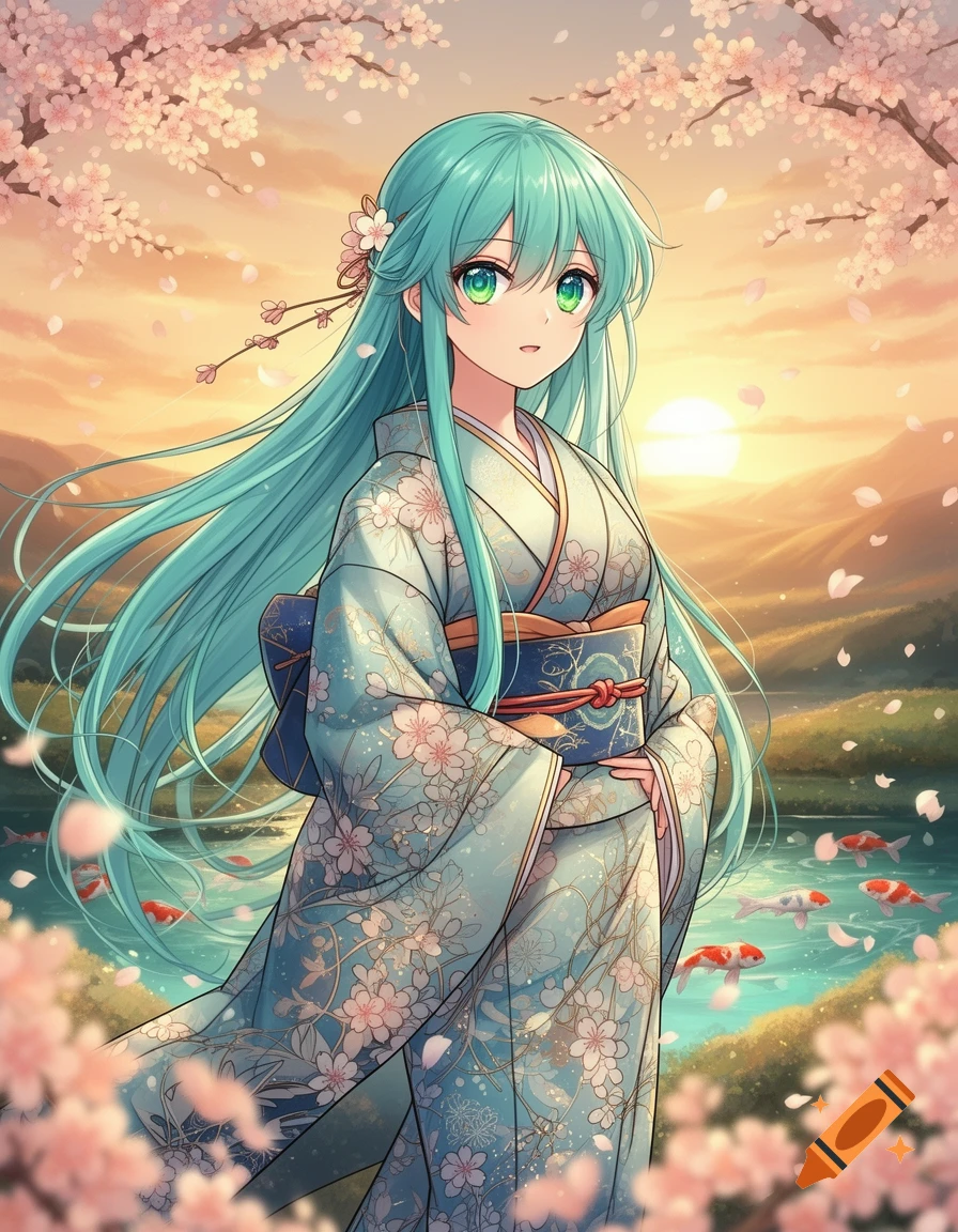 An anime girl with long teal hair and green eyes wears a light blue kimono with cherry blossom patterns, standing amidst pink sakura blossoms and koi fish at sunset.