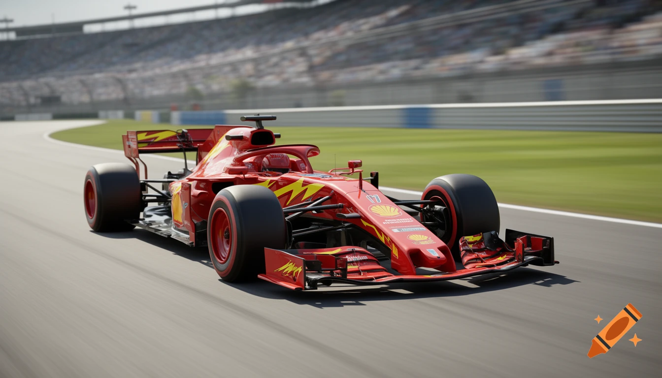 A vibrant red F1 race car, adorned with a lightning bolt livery, speeds along a paved racetrack with a stadium in the blurred background under a bright sky.