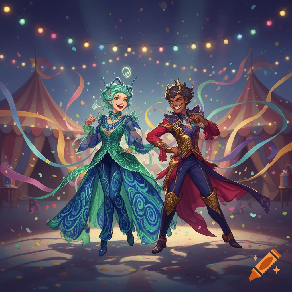 Two smiling characters in elaborate, colorful costumes pose energetically at a vibrant circus, surrounded by confetti and streamers.