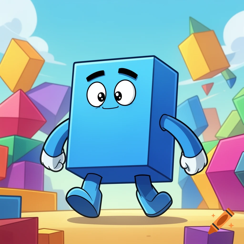 A happy cartoon blue block character with a face, arms, and legs walks among colorful geometric shapes on a sandy ground under a blue sky.