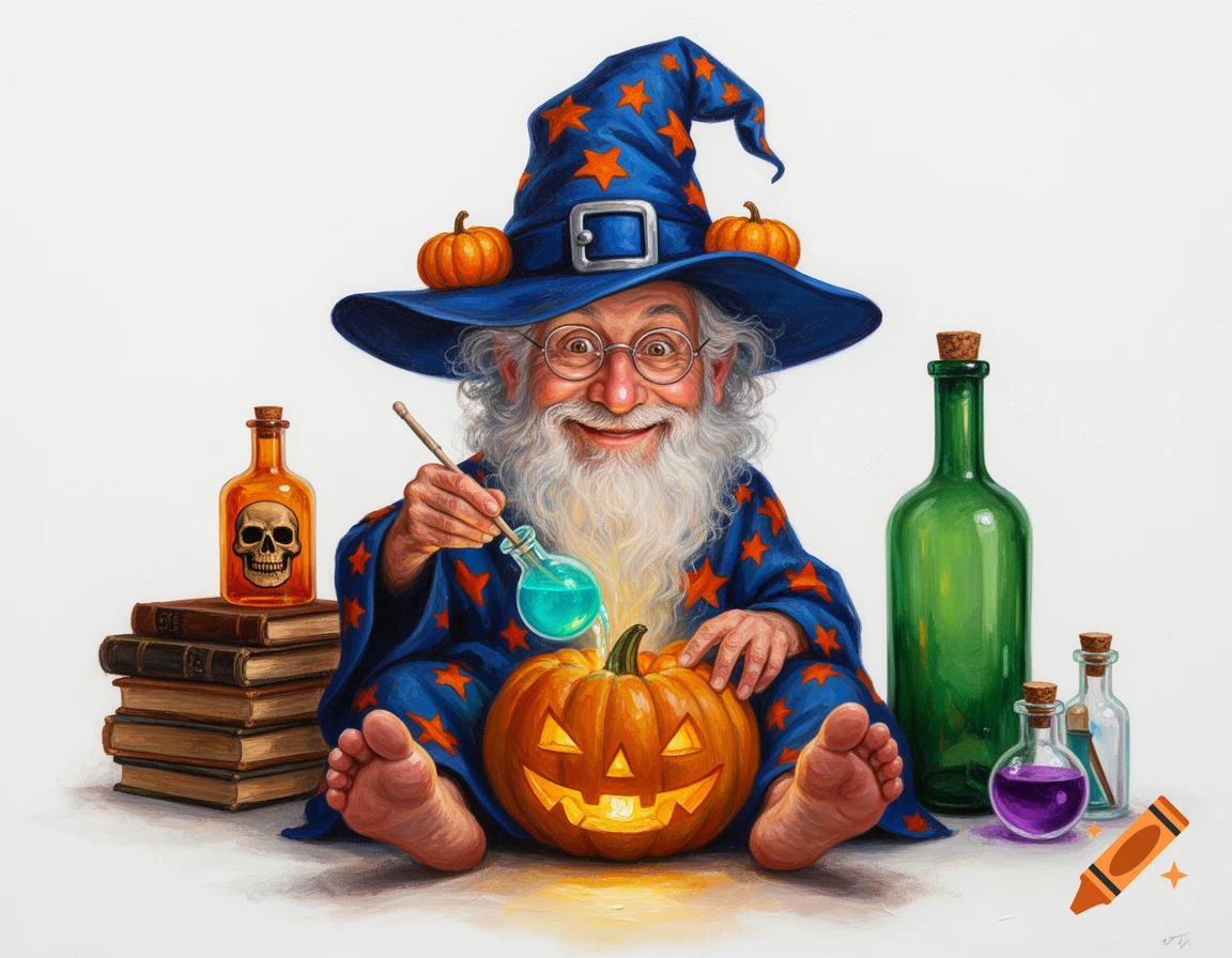 Cheerful old magician in a blue star hat pours turquoise potion into a glowing jack-o'-lantern, surrounded by bottles, books. Oil painting.