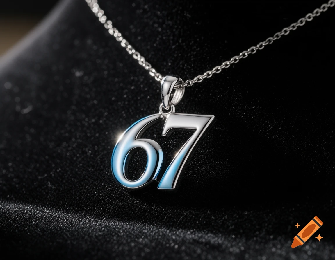 A close-up shot of a shiny silver necklace with a pendant shaped like the numbers 67 against a black background.