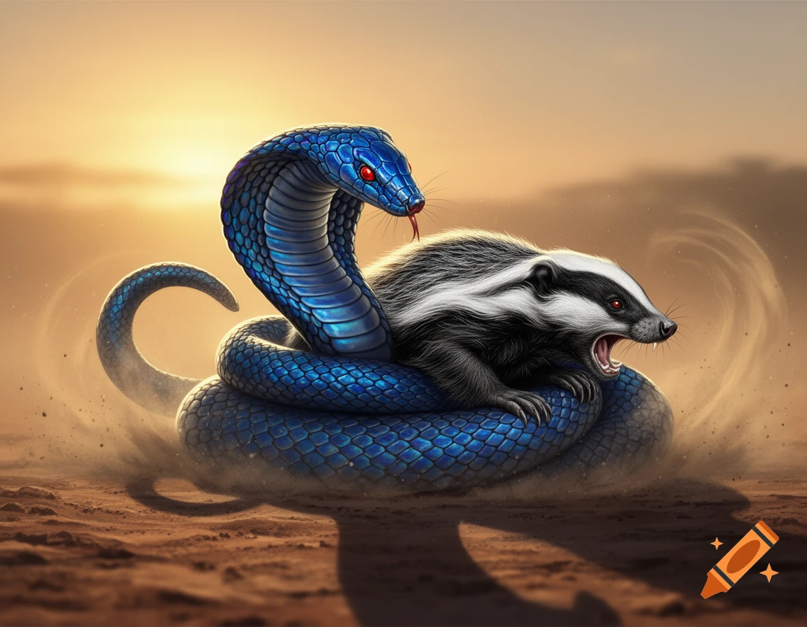 A vibrant blue cobra with red eyes coiled around a terrified honey badger in a dusty desert setting at sunset.