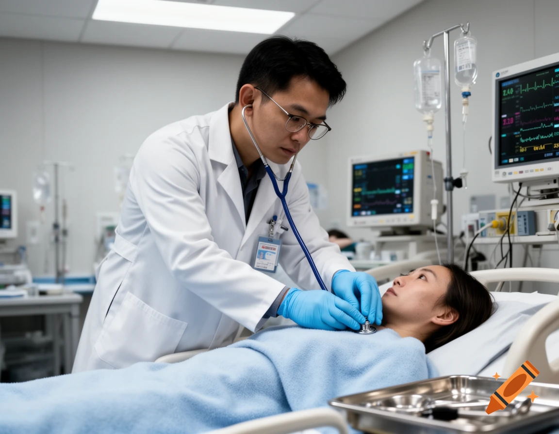 An Asian male doctor in a white lab coat and blue gloves uses a stethoscope to examine an Asian female patient lying in a hospital bed.