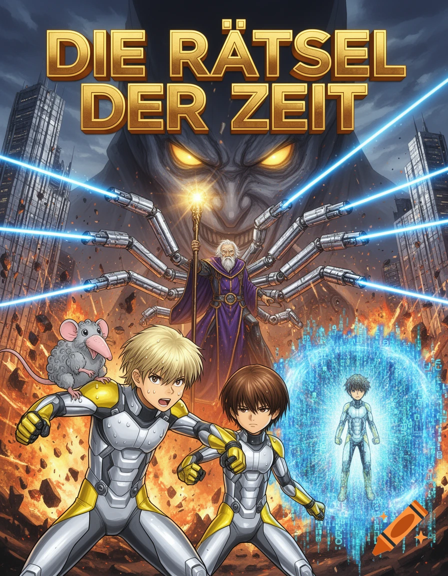Anime book cover: Two boys in futuristic suits and a wizard confront a giant villain over a ruined city, a third boy dissolves in a blue rift.