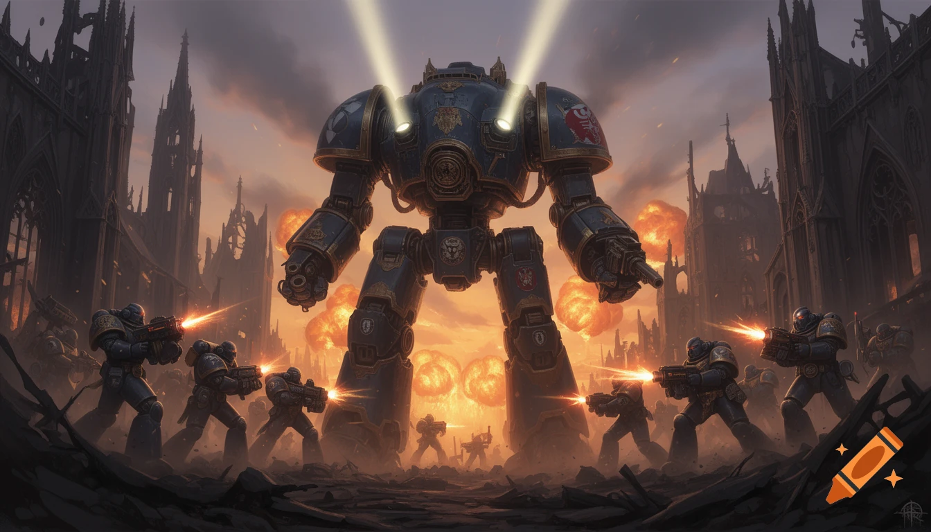 A colossal Imperial Titan mech and infantry soldiers advance through a destroyed gothic city with explosions, in the style of Warhammer 40k artwork.