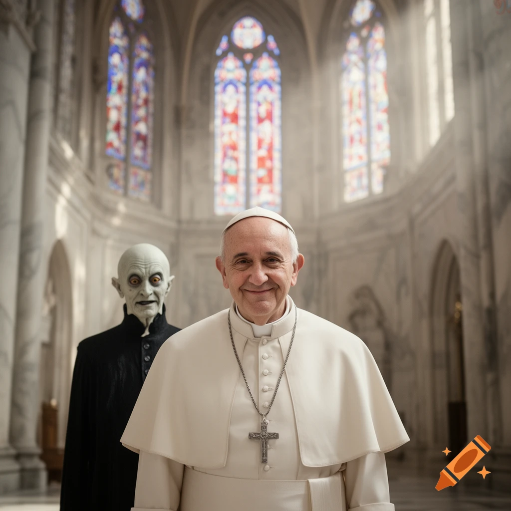 Photorealistic image of Pope Francis smiling, with a pale, gaunt, Nosferatu-like figure standing behind him in a grand church with stained glass windows.