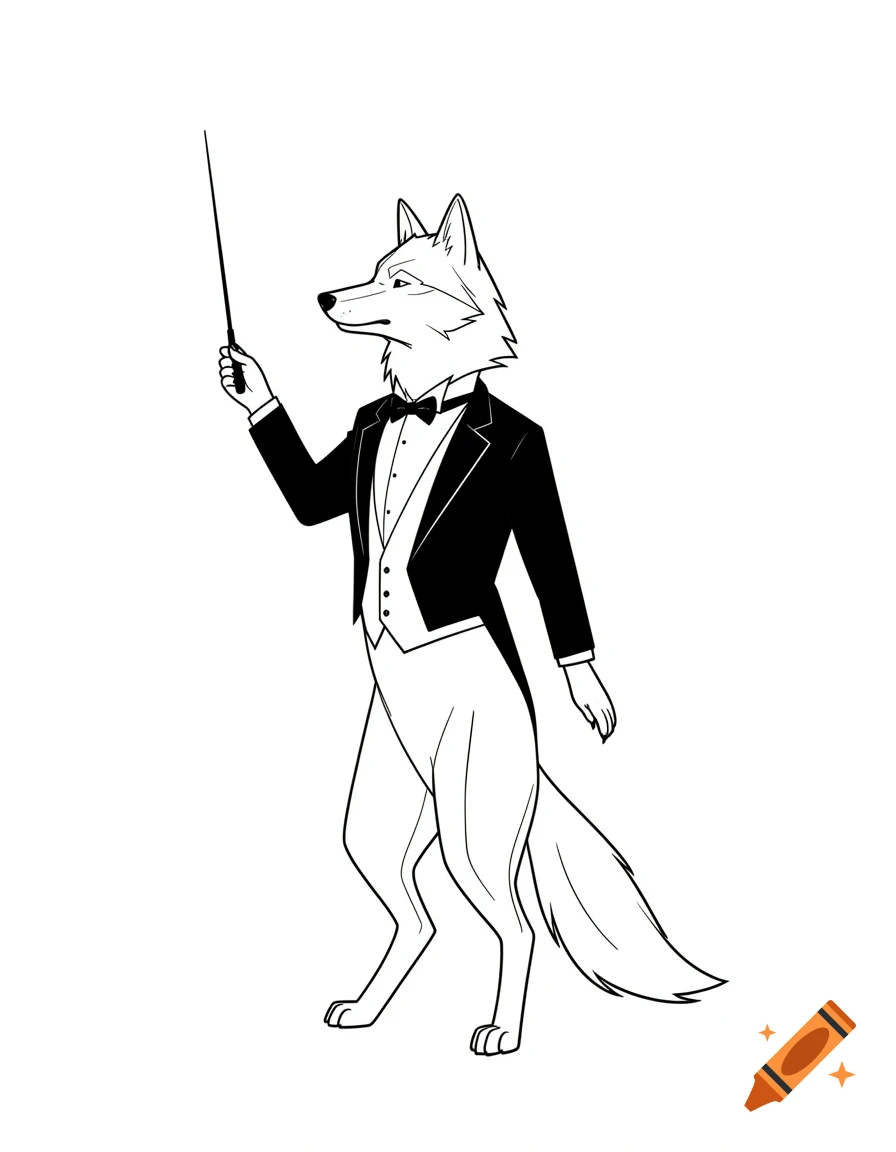 A minimalist line drawing of an anthropomorphic wolf in a tuxedo holding a conductor's baton.