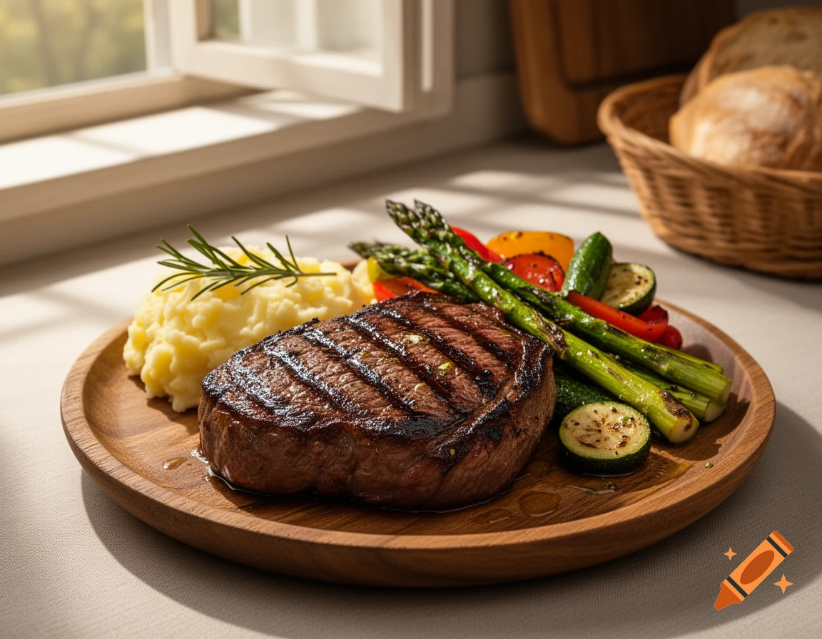 Photorealistic grilled steak meal with mashed potatoes, asparagus, zucchini, and bell peppers on a wooden plate by a sunlit window.