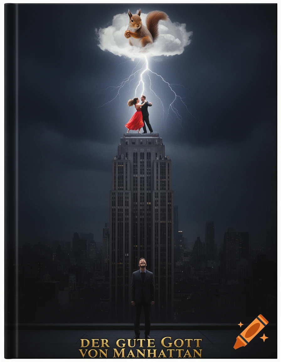 A couple dances atop a dark skyscraper, lightning strikes from a squirrel cloud above. A man watches from below. Text reads "DER GUTE GOTT VON MANHATTAN".