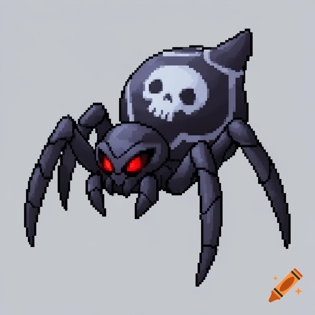 Dark pixel art spider sprite with red eyes and a skull pattern on its back.