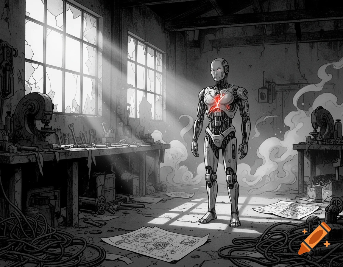 A black and white graphic novel style image of an android with a glowing red fractured chest standing in an abandoned, post-apocalyptic workshop.