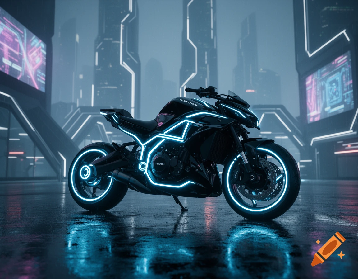 A sleek black futuristic motorcycle with glowing blue neon light accents, parked on a wet street in a neon-lit cyberpunk city.