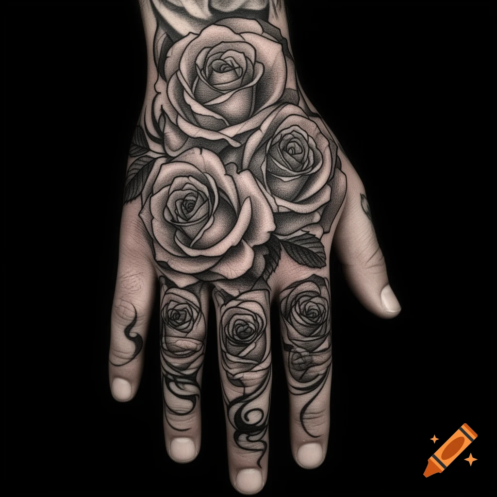 A hand covered in detailed black and grey rose tattoos with intricate swirling patterns on the fingers, against a black background.