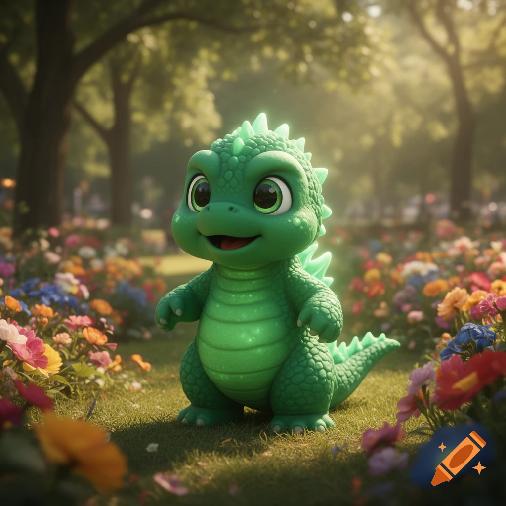 A cute, cartoon-style green baby dinosaur with big eyes smiles in a lush garden filled with colorful flowers.