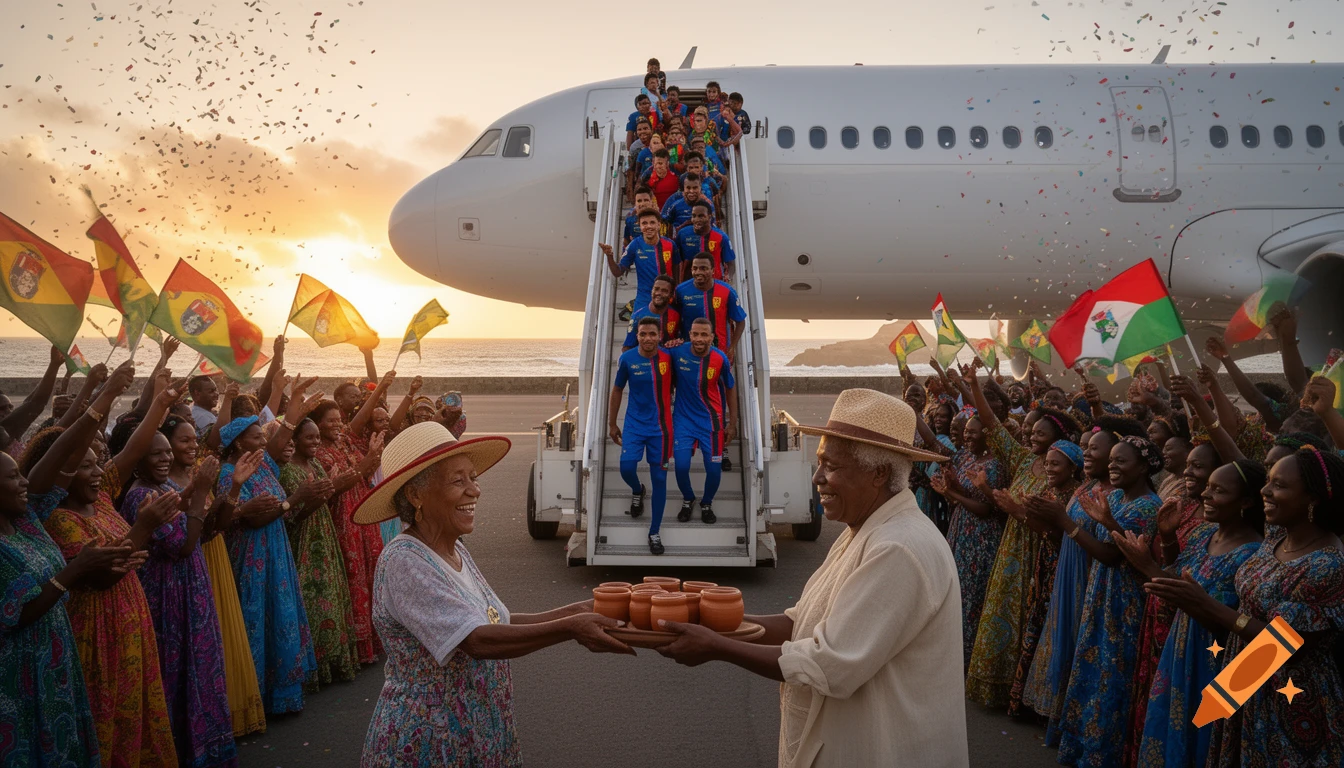 A national sports team descends from a plane at sunset, greeted by an exuberant crowd waving flags and an elderly couple offering drinks.
