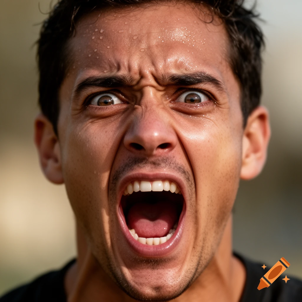 Close-up of a man with sweat on his forehead, eyes wide, and mouth open screaming, photorealistic.
