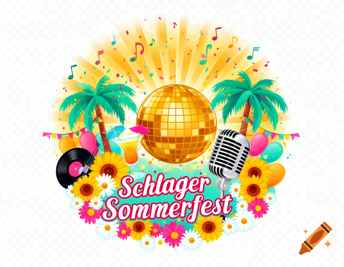 A vibrant clipart for "Schlager Sommerfest" with a disco ball, microphone, palm trees, flowers, vinyl record, and confetti on a sunny background.