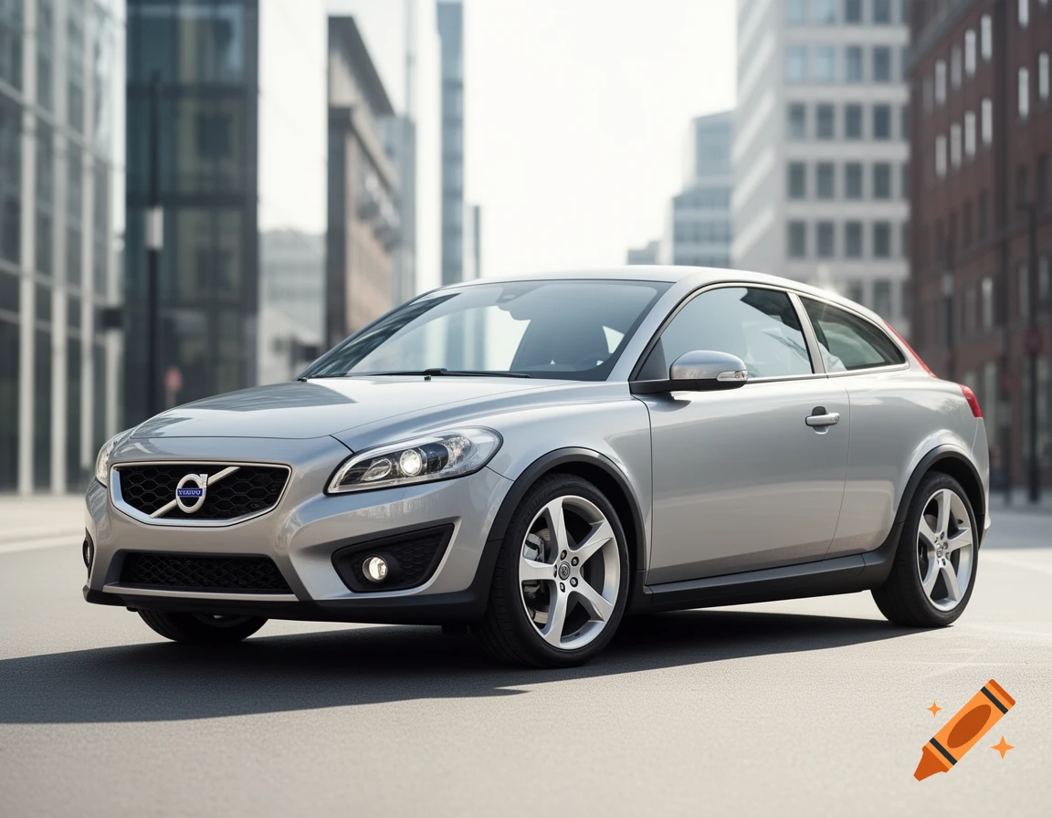 A silver Volvo C30 car is parked on a city street with modern buildings in the background, captured in a photorealistic style.