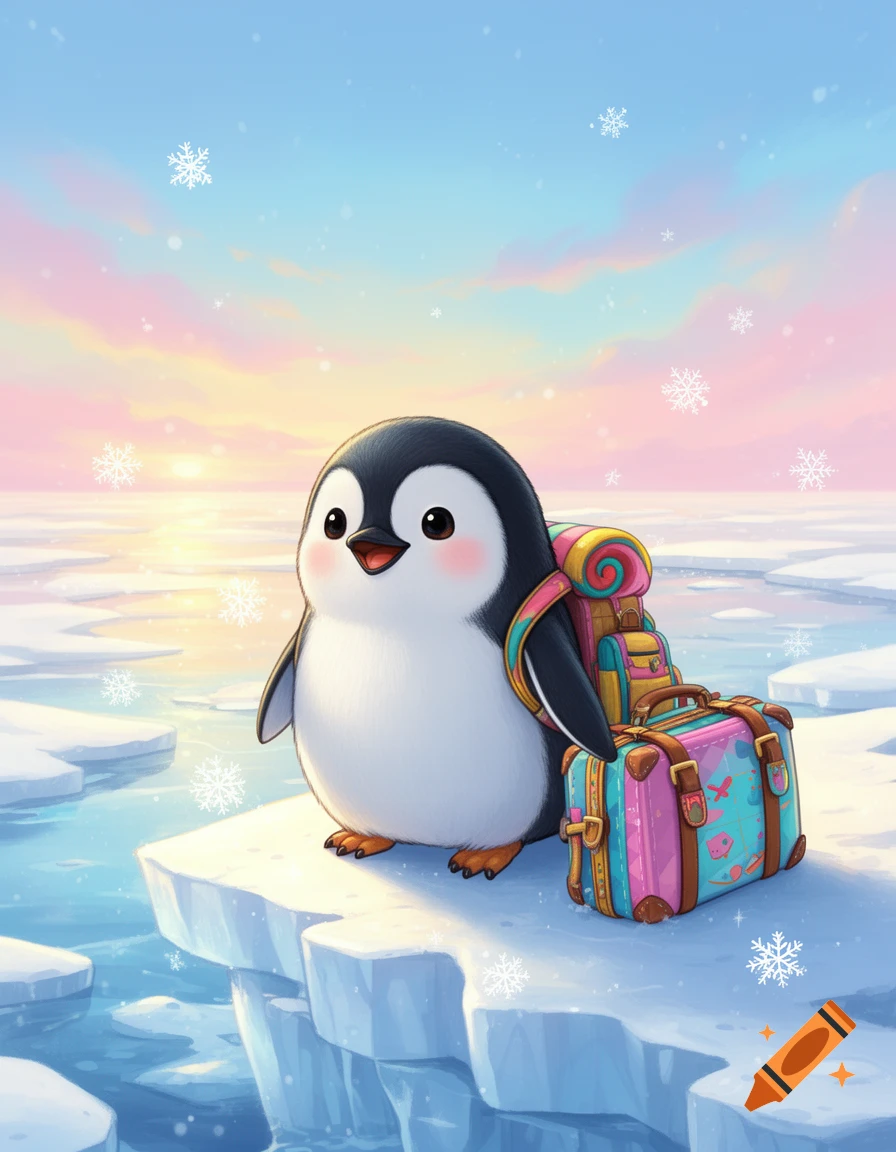 A cute cartoon penguin with a colorful backpack and suitcase stands on an ice floe, with snowflakes falling against a pastel sunset.