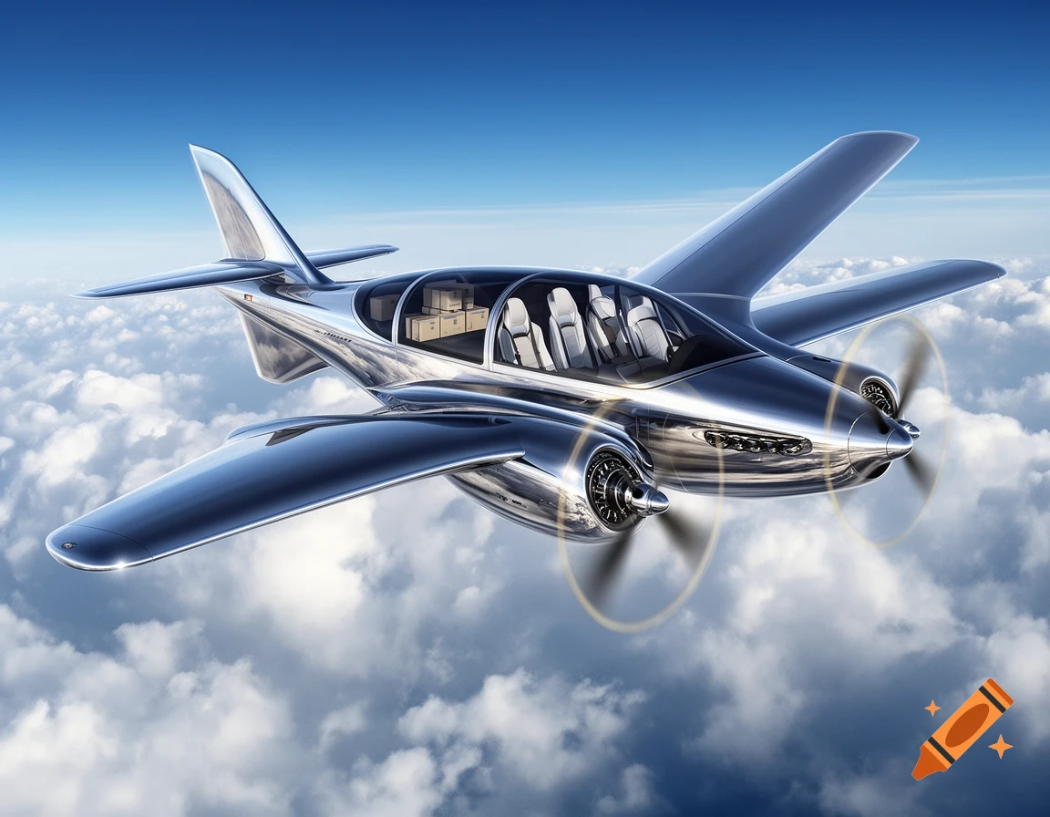 A sleek, chrome-plated futuristic airplane with a push-pull twin propeller design flies above a cloudy sky.