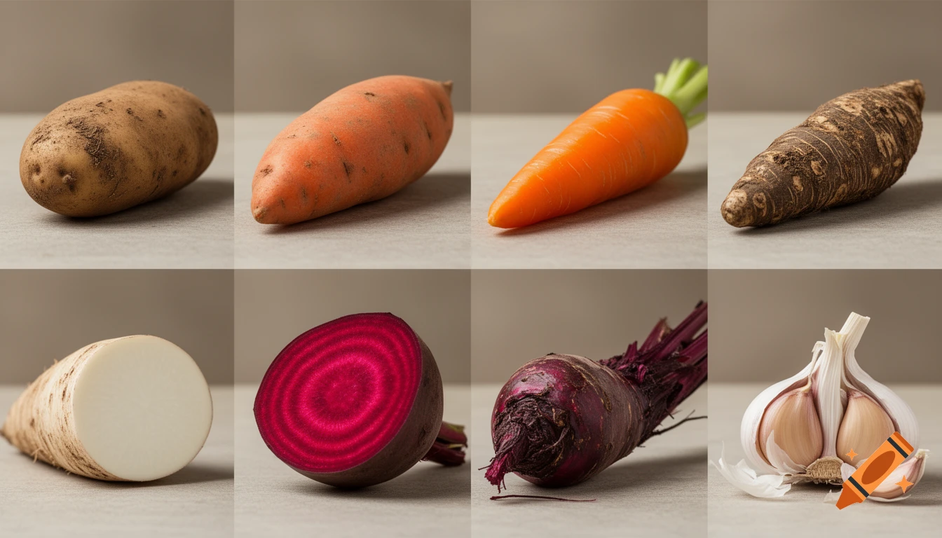 Eight close-up panels showcasing various raw root vegetables and garlic against a neutral background.
