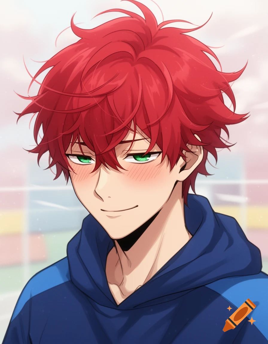 Anime illustration of a smiling male character with red spiky hair, green eyes, and rosy cheeks, wearing a blue hoodie.