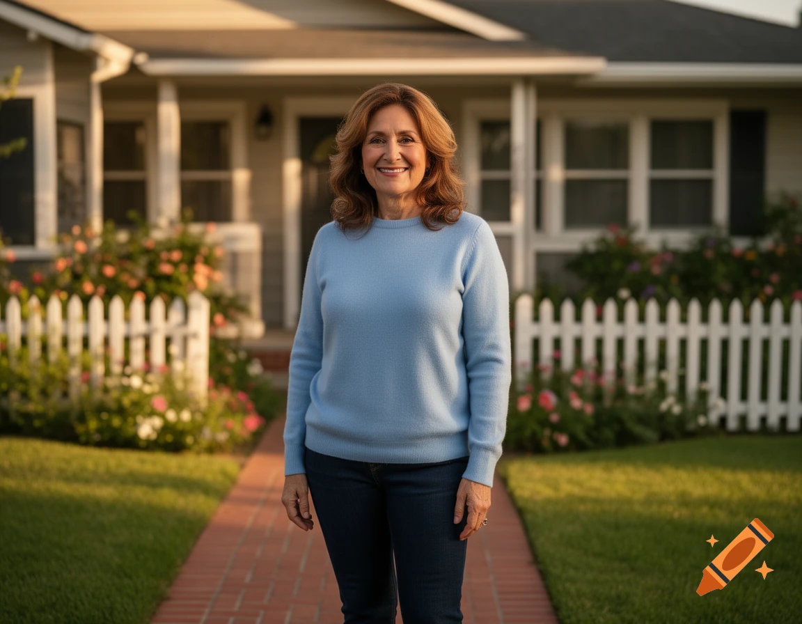 A smiling woman with brown hair in a light blue sweater and dark pants stands on a brick path in front of a house with a white picket fence and flowers.