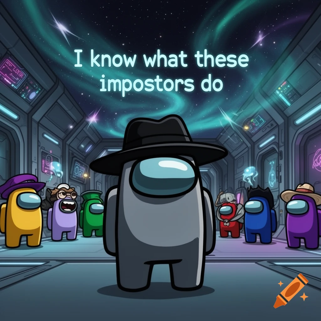 A gray Among Us character in a fedora faces other crewmates in a spaceship, with the text 'I know what these impostors do' glowing above.