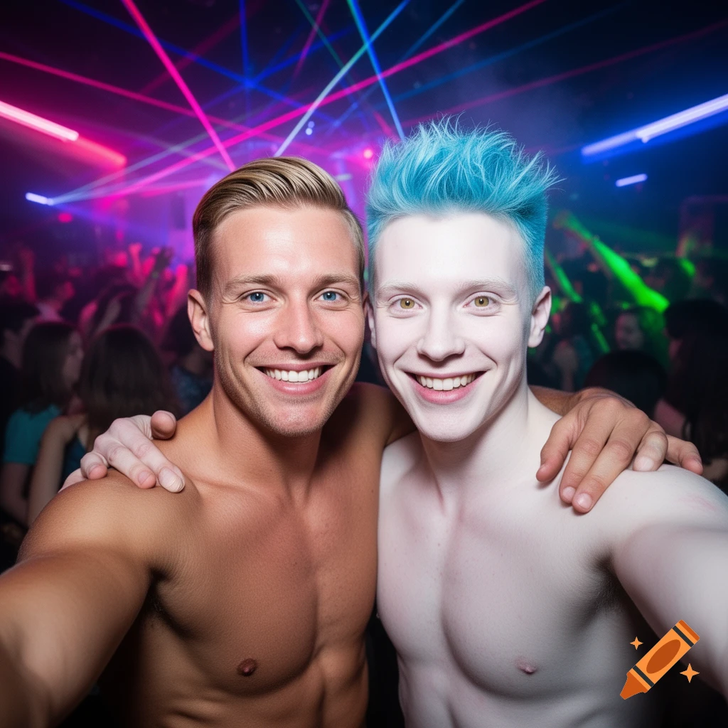 Two smiling shirtless men taking a selfie in a crowded dark danceclub with neon lights. One has blond hair, the other has light blue hair.
