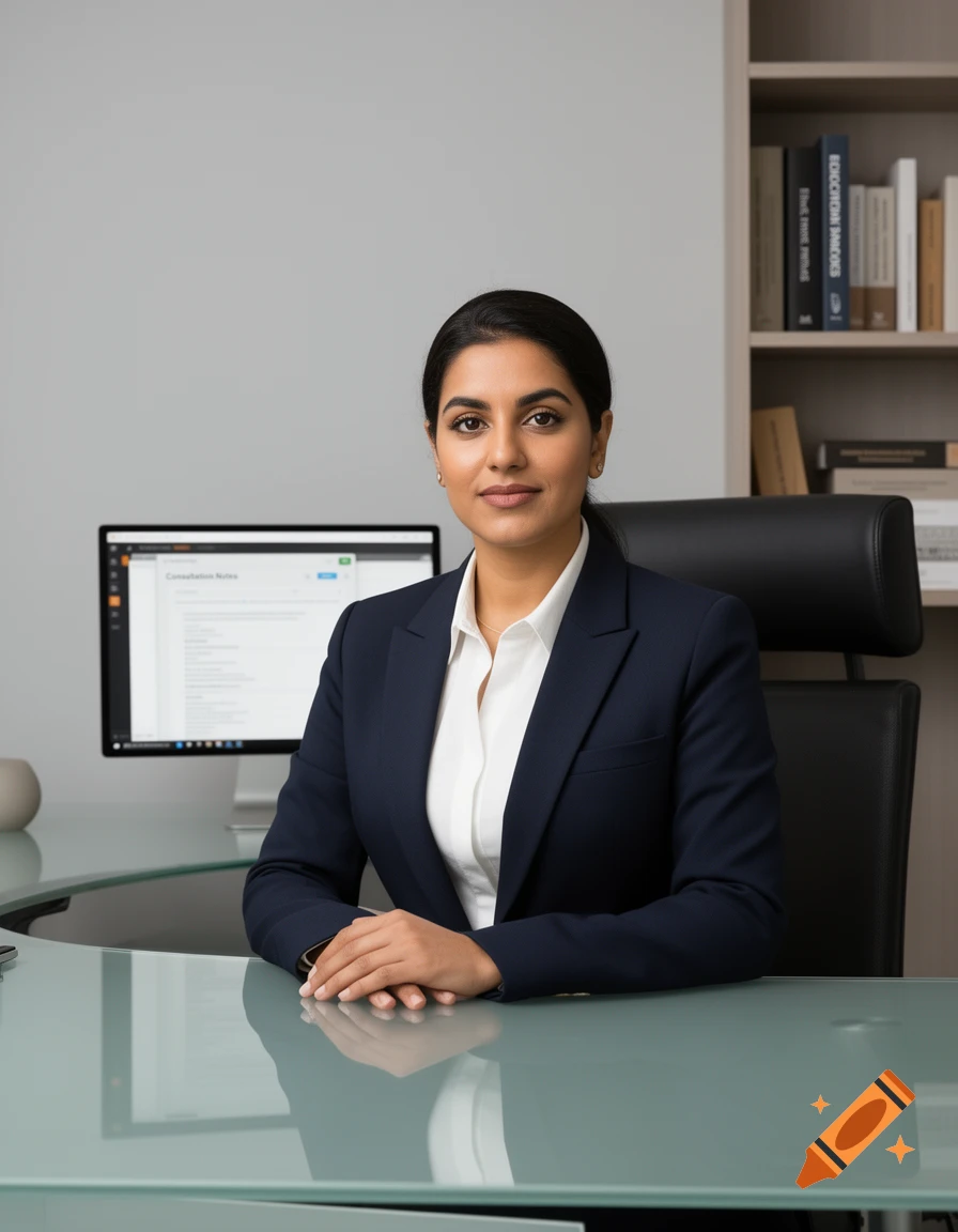 A professional woman in a navy suit and white shirt sits at a desk with a computer and bookshelf in an office.